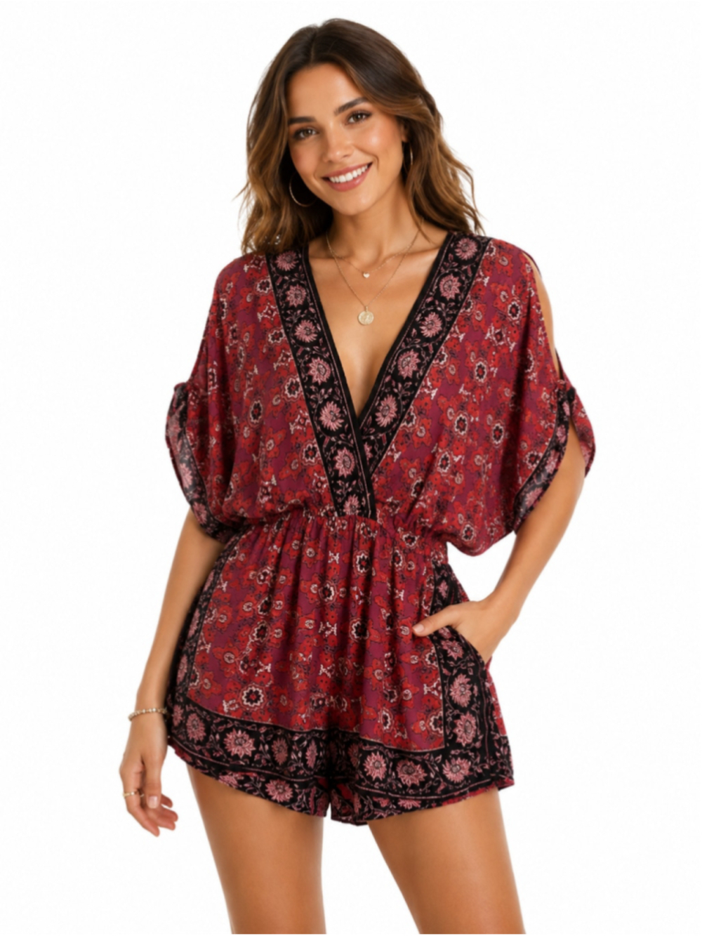 Angie Red Floral Paisley Boho Romper V Neck Rayon Size L